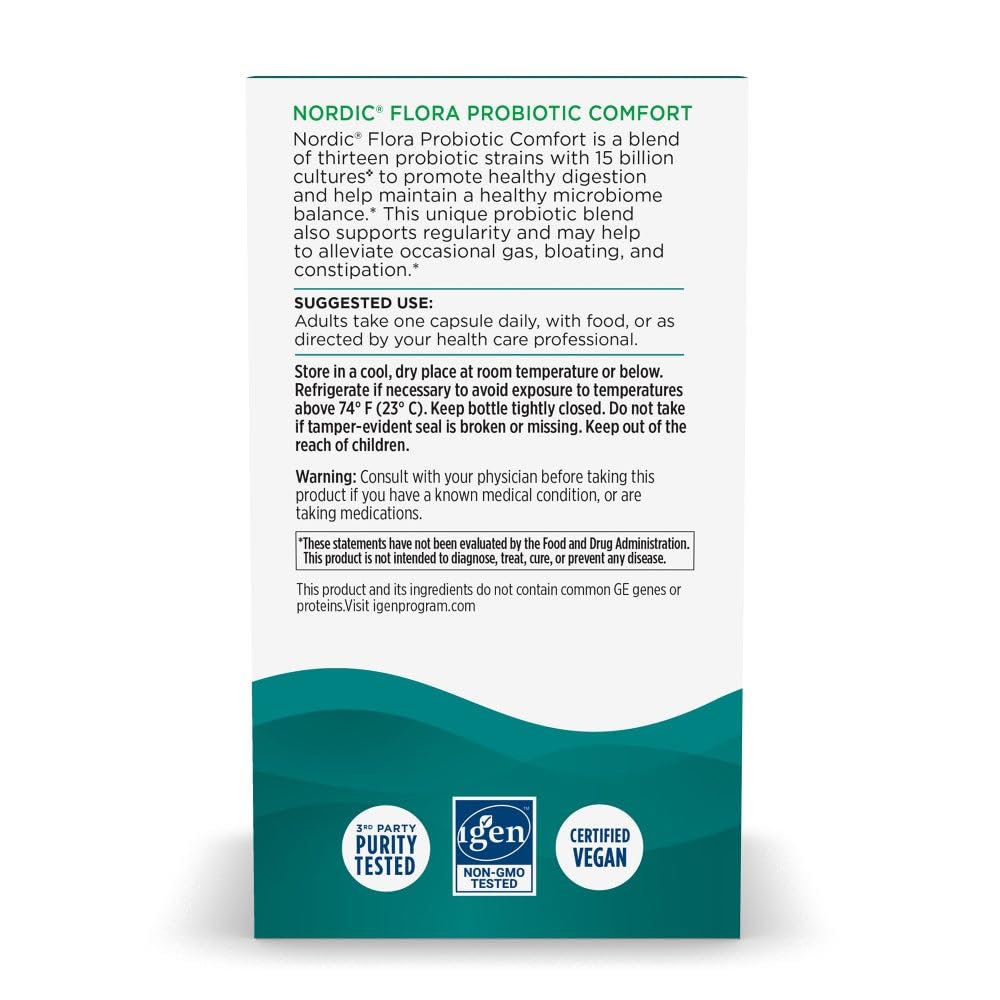 Nordic Naturals Nordic Flora Probiotic Comfort - 30 Capsules - 13 Probiotic Strains w/ 15 Billion Cultures - Supports Regularity & Digestive Comfort, Alleviates Bloating - FENGGESTORE20