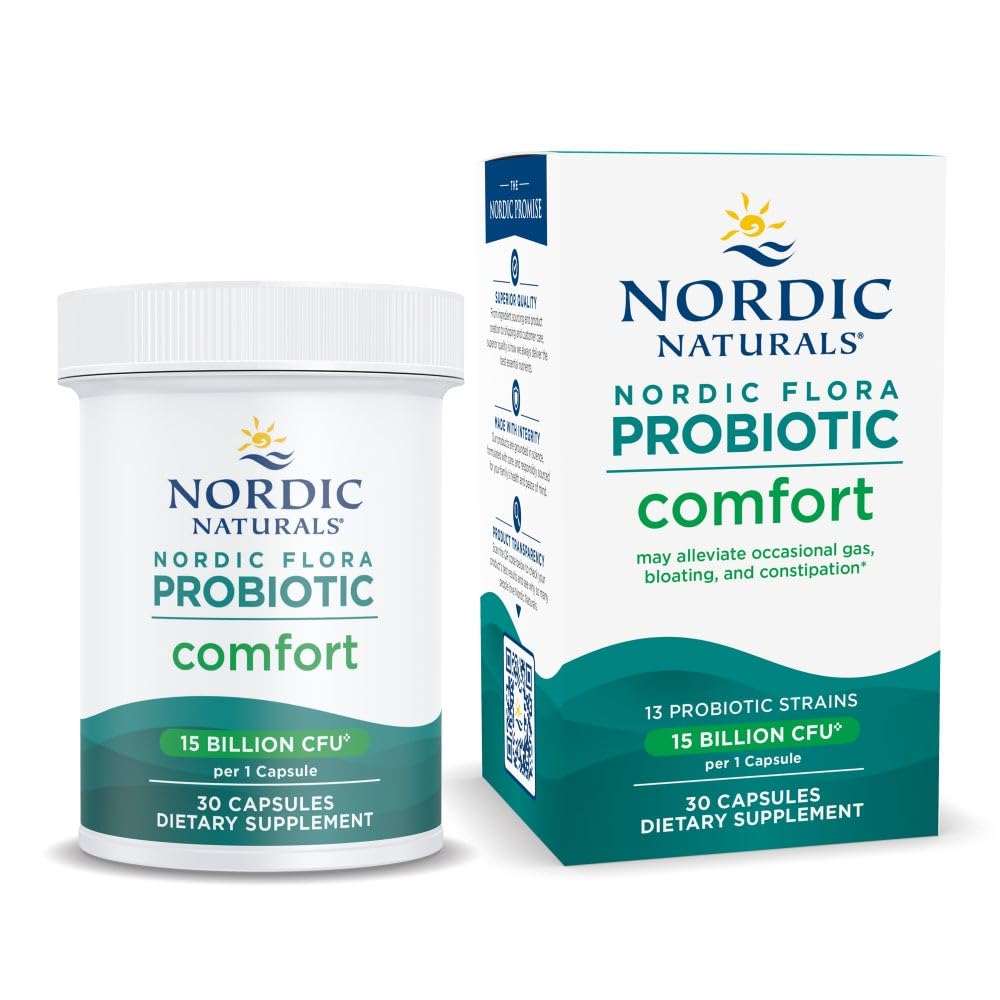 Nordic Naturals Nordic Flora Probiotic Comfort - 30 Capsules - 13 Probiotic Strains w/ 15 Billion Cultures - Supports Regularity & Digestive Comfort, Alleviates Bloating - FENGGESTORE20