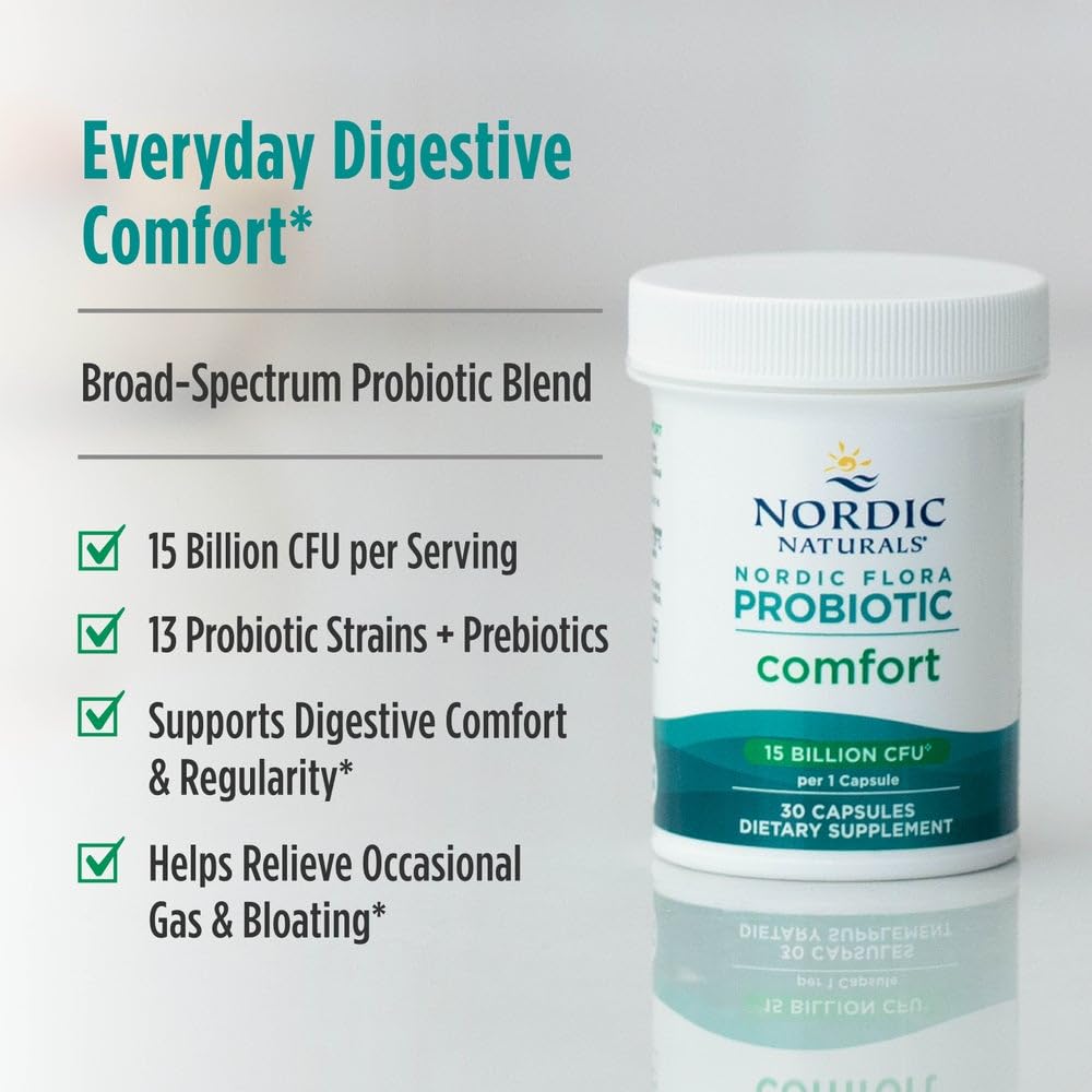 Nordic Naturals Nordic Flora Probiotic Comfort - 30 Capsules - 13 Probiotic Strains w/ 15 Billion Cultures - Supports Regularity & Digestive Comfort, Alleviates Bloating - FENGGESTORE20