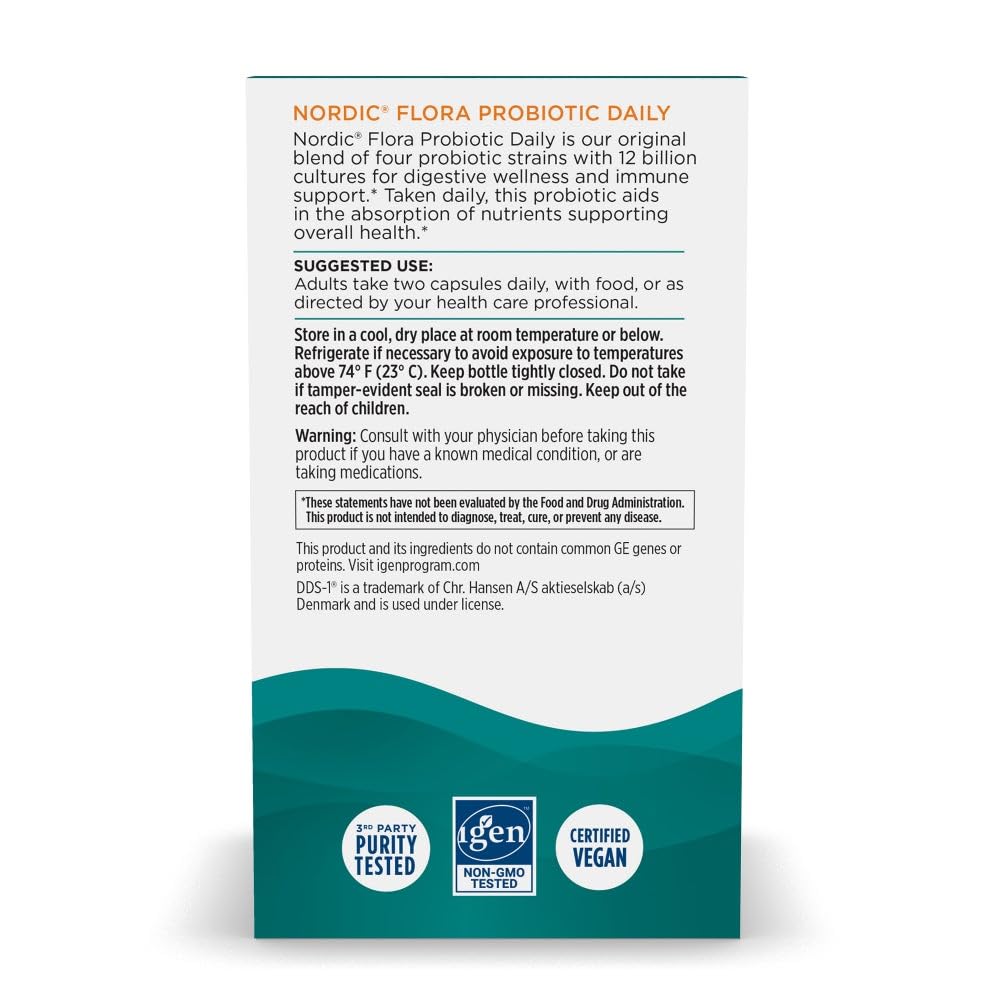 Nordic Naturals Nordic Flora Probiotic Daily - 60 Capsules - 4 Probiotic Strains with 12 Billion Cultures - Optimal Wellness, Immune Support, Digestive Health - Non-GMO, Vegan - 30 Servings - FENGGESTORE20