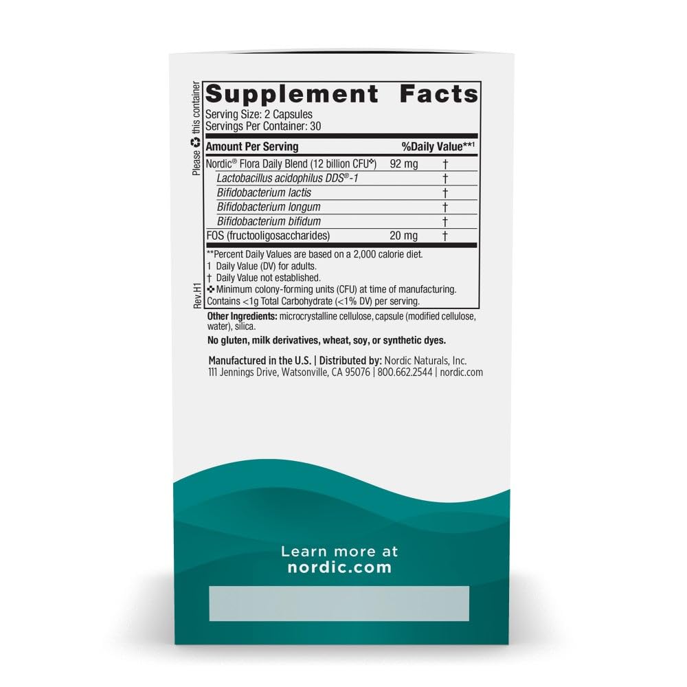 Nordic Naturals Nordic Flora Probiotic Daily - 60 Capsules - 4 Probiotic Strains with 12 Billion Cultures - Optimal Wellness, Immune Support, Digestive Health - Non-GMO, Vegan - 30 Servings - FENGGESTORE20