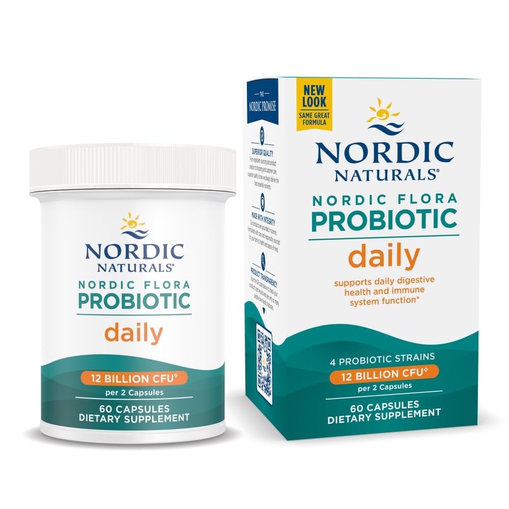 Nordic Naturals Nordic Flora Probiotic Daily - 60 Capsules - 4 Probiotic Strains with 12 Billion Cultures - Optimal Wellness, Immune Support, Digestive Health - Non-GMO, Vegan - 30 Servings - FENGGESTORE20