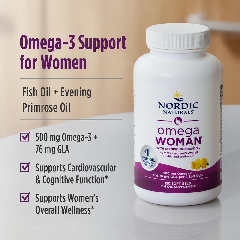 Nordic Naturals Omega Woman, Lemon - 120 Soft Gels - 500 mg Omega-3 + 800 mg Evening Primrose Oil - Healthy Skin & Optimal Wellness - Non-GMO - 60 Servings - FENGGESTORE20