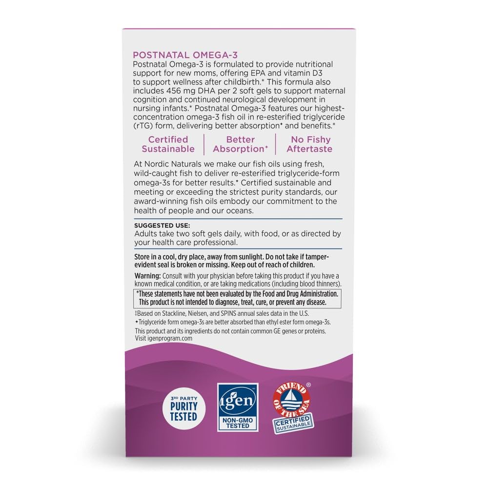 Nordic Naturals Postnatal Omega-3, Lemon - 60 Soft Gels - 1120 Total Omega-3 + 1000 IU Vitamin D3 - Formulated for New Moms; Supports Optimal Wellness, Positive Mood, Healthy Metabolism - 30 Servings - FENGGESTORE20
