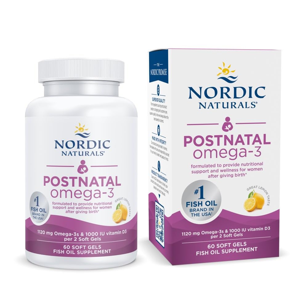 Nordic Naturals Postnatal Omega-3, Lemon - 60 Soft Gels - 1120 Total Omega-3 + 1000 IU Vitamin D3 - Formulated for New Moms; Supports Optimal Wellness, Positive Mood, Healthy Metabolism - 30 Servings - FENGGESTORE20