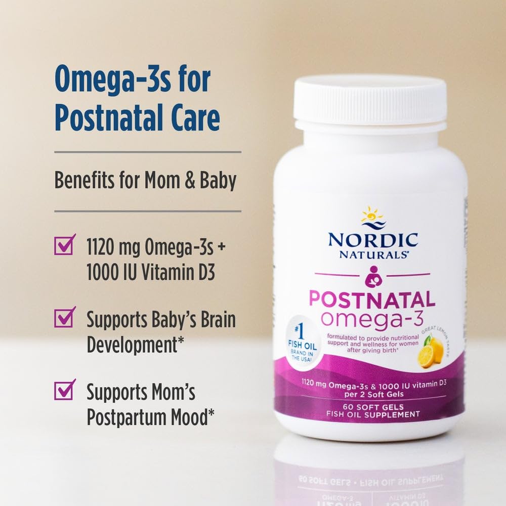Nordic Naturals Postnatal Omega-3, Lemon - 60 Soft Gels - 1120 Total Omega-3 + 1000 IU Vitamin D3 - Formulated for New Moms; Supports Optimal Wellness, Positive Mood, Healthy Metabolism - 30 Servings - FENGGESTORE20