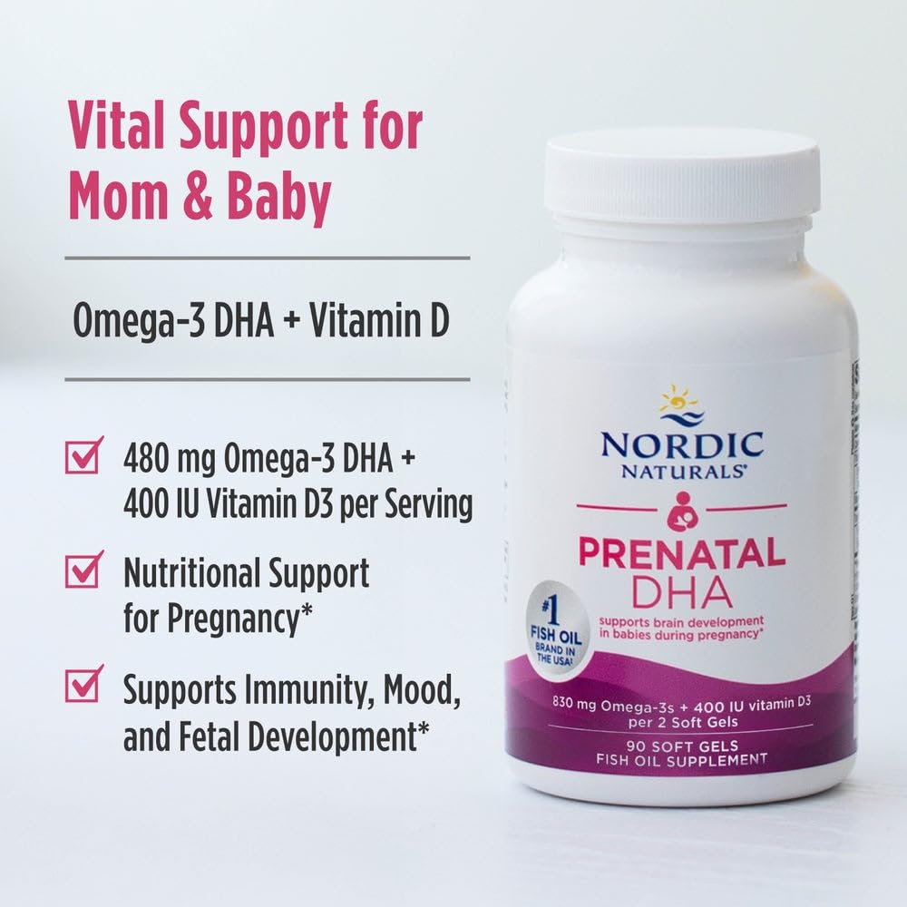 Nordic Naturals Prenatal DHA, Unflavored - 180 Soft Gels - 830 mg Omega-3 + 400 IU Vitamin D3 - Supports Brain Development in Babies During Pregnancy & Lactation - Non-GMO - 90 Servings - FENGGESTORE20