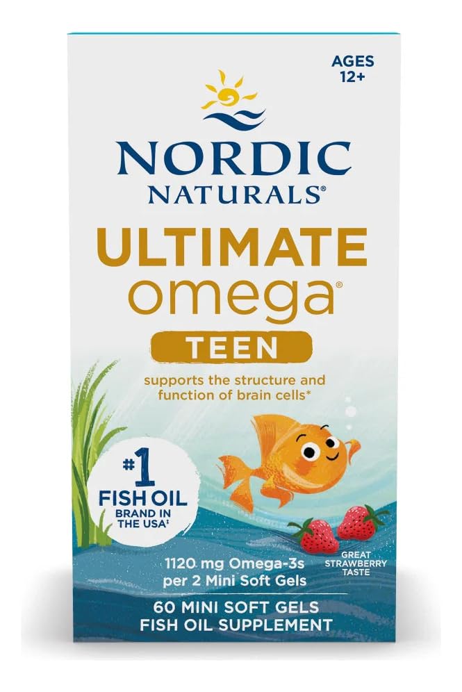 Nordic Naturals Ultimate Omega 2X Teen, Strawberry - 60 Mini Soft Gels - 1120 mg Total Omega-3s with EPA & DHA - Brain Health, Positive Mood, Social Development, Learning - Non-GMO - 30 Servings - FENGGESTORE20