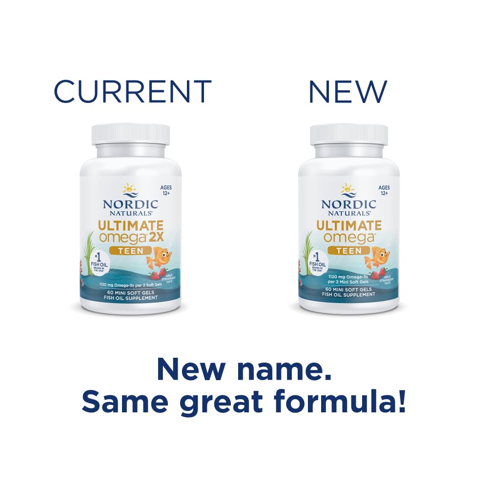 Nordic Naturals Ultimate Omega 2X Teen, Strawberry - 60 Mini Soft Gels - 1120 mg Total Omega-3s with EPA & DHA - Brain Health, Positive Mood, Social Development, Learning - Non-GMO - 30 Servings - FENGGESTORE20