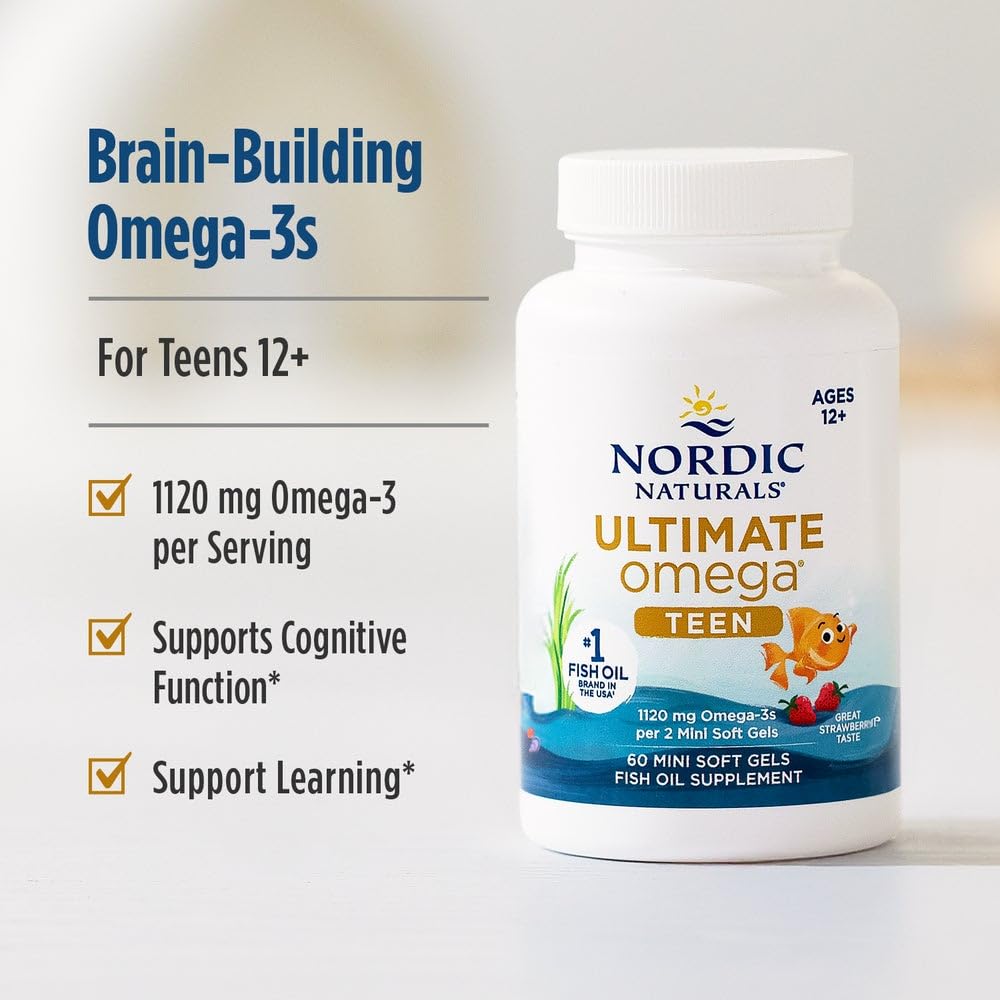 Nordic Naturals Ultimate Omega 2X Teen, Strawberry - 60 Mini Soft Gels - 1120 mg Total Omega-3s with EPA & DHA - Brain Health, Positive Mood, Social Development, Learning - Non-GMO - 30 Servings - FENGGESTORE20