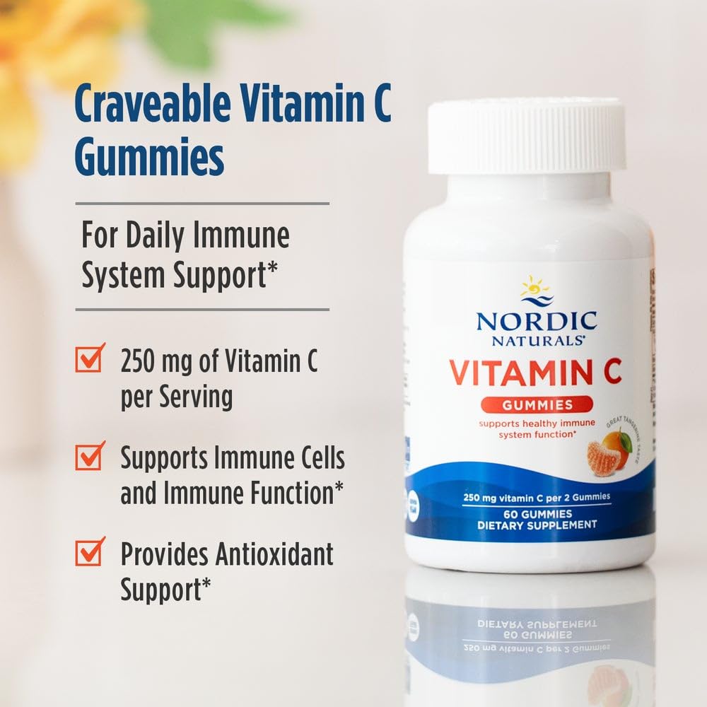 Nordic Naturals Vitamin C Gummies, Tart Tangerine - 120 Gummies - 250 mg Vitamin C - Immune Support, Antioxidant Protection, Child Growth & Development - Non-GMO, Vegan - 60 Servings - FENGGESTORE20