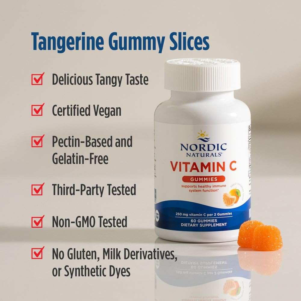 Nordic Naturals Vitamin C Gummies, Tart Tangerine - 120 Gummies - 250 mg Vitamin C - Immune Support, Antioxidant Protection, Child Growth & Development - Non-GMO, Vegan - 60 Servings - FENGGESTORE20