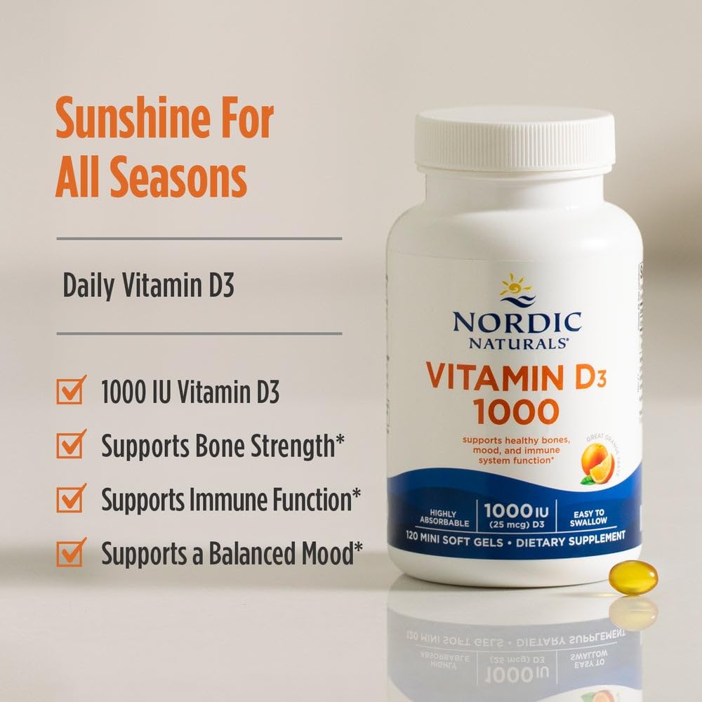 Nordic Naturals Vitamin D3 1000, Orange - 120 Mini Soft Gels - 1000 IU Vitamin D3 - Supports Healthy Bones - FENGGESTORE20