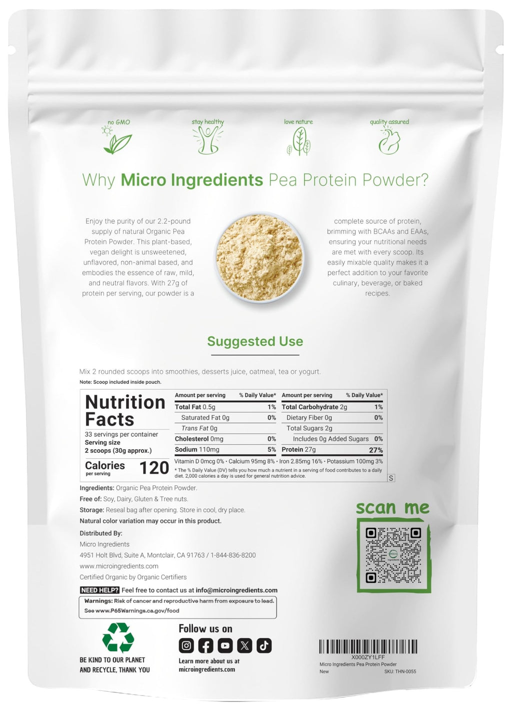 North America Grown, Organic Pea Protein Powder, 1KG (2.2 Pounds) | Plant-Based Vegan Protein, Meatless Protein Supplement, Natural Branched Chain Amino Acids | Non-GMO, Soy Free - FENGGESTORE20