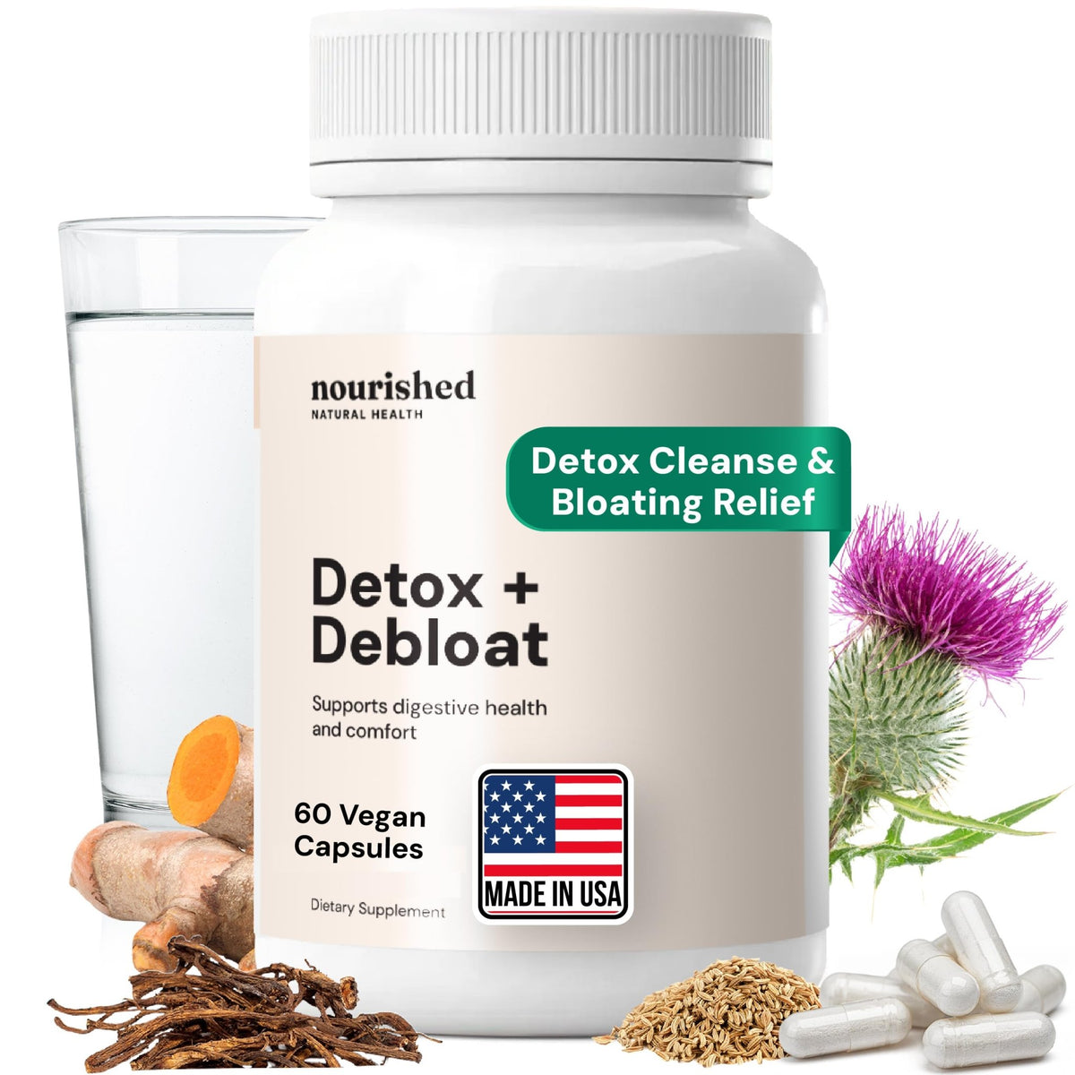 Nourished Natural Health Detox + Debloat - Detox Cleanse and Bloating Relief for Women - Liver and Digestive Support with Milk Thistle, Dandelion, Fennel & Turmeric - FENGGESTORE20