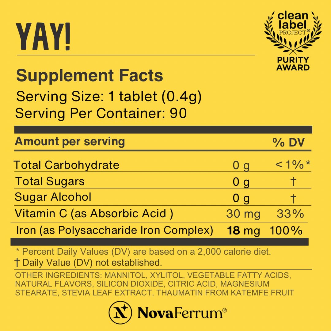 NovaFerrum Yay | Chewable Iron Supplement for Kids & Adults Ages 4 and Over | 18mg of Iron | 90 Servings | Sugar Free - FENGGESTORE20