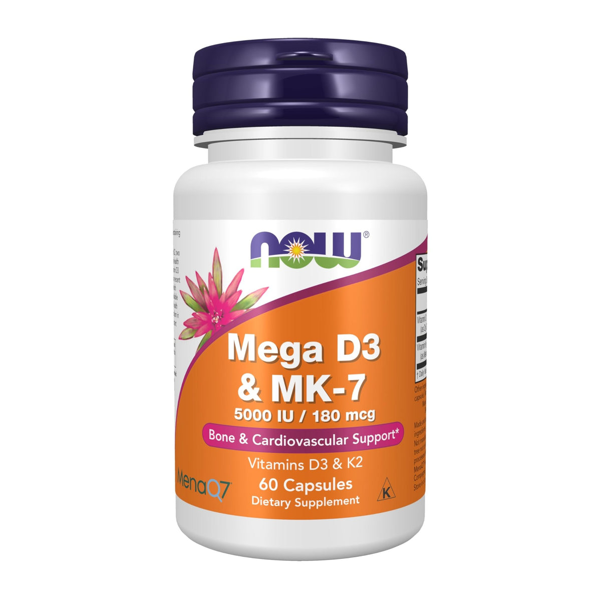 NOW Foods Supplements, Mega D-3 & MK-7 with Vitamins D-3 & K-2, 5,000 IU/180 mcg, Bone & Cardiovascular Support*, 60 Veg Capsules - FENGGESTORE20
