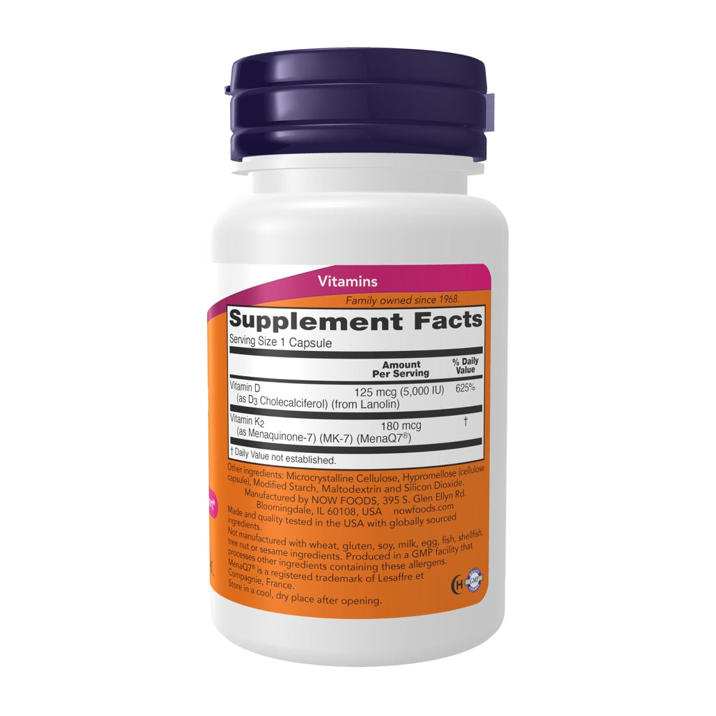 NOW Foods Supplements, Mega D-3 & MK-7 with Vitamins D-3 & K-2, 5,000 IU/180 mcg, Bone & Cardiovascular Support*, 60 Veg Capsules - FENGGESTORE20