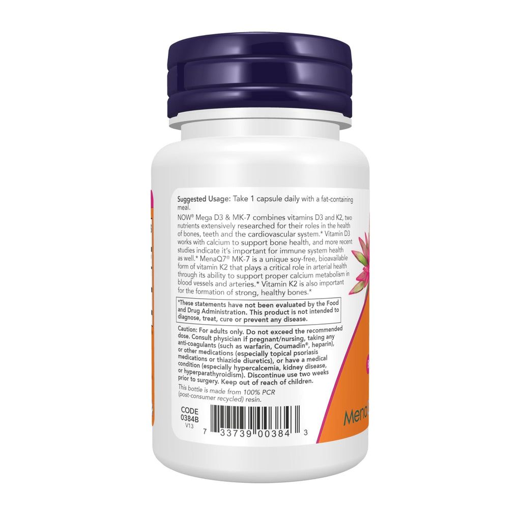 NOW Foods Supplements, Mega D-3 & MK-7 with Vitamins D-3 & K-2, 5,000 IU/180 mcg, Bone & Cardiovascular Support*, 60 Veg Capsules - FENGGESTORE20