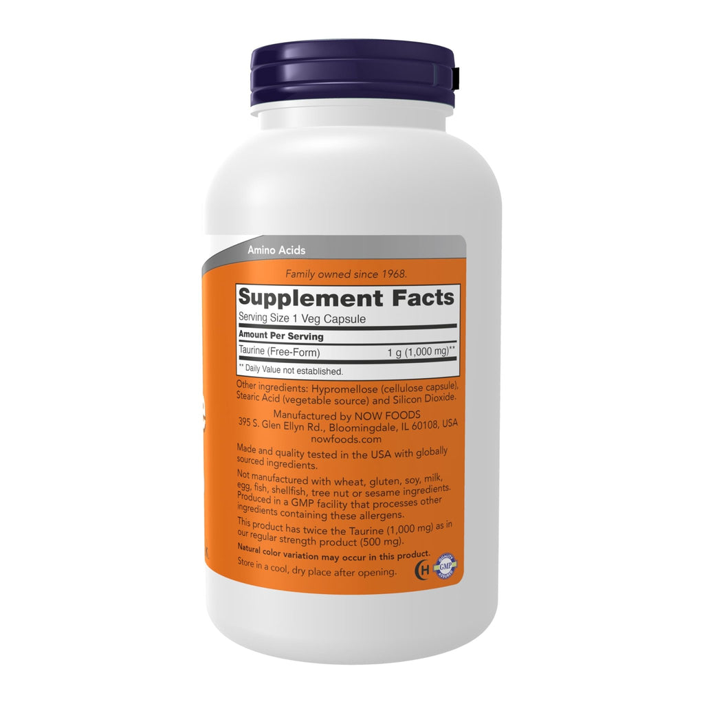 NOW Foods Supplements, Taurine 1,000 mg, Double Strength, Nervous System Health*, 250 Veg Capsules - FENGGESTORE20