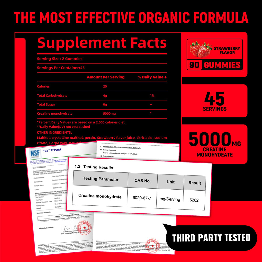 NSF Certified Creatine Gummy - Creatine Monohydrate Gummies 5g for Men & Women - Boost Focus,Strength, and Endurance, Vegan, Gluten-Free, Non-GMO, 2.5 Gram Creatine - FENGGESTORE20