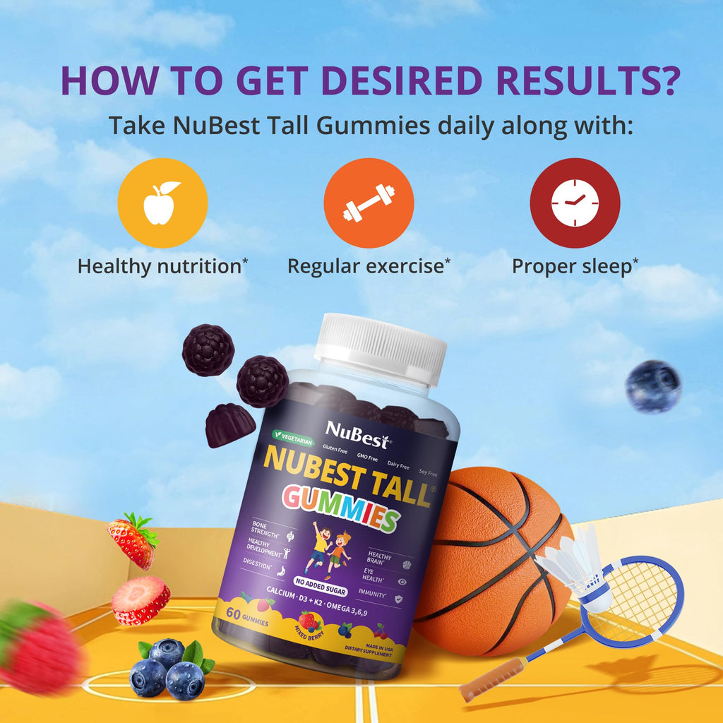 NuBest Tall Gummies for Kids Age 2+ & Teens | Bone Strength, Immunity, Digestive Health with Calcium, Vitamin D3, K2, B Complex, Magnesium, Zinc - FENGGESTORE20