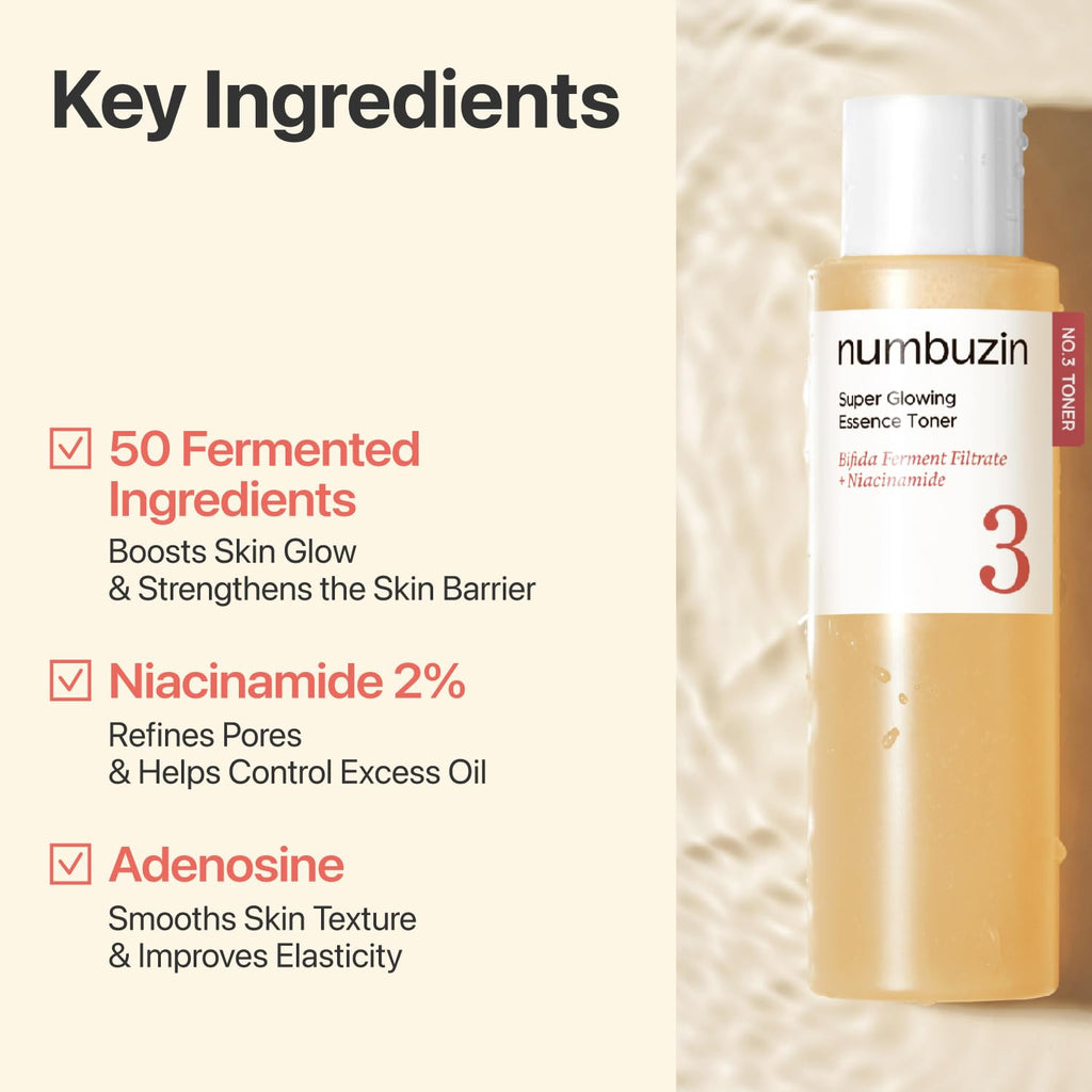 numbuzin No.3 Super Glowing Essence Toner, Fermented Toner for Skin Glow & Texture, Bifida, Niacinamide, Hydrating - FENGGESTORE20