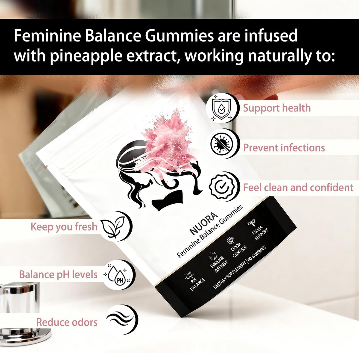 nuora Feminine Balance Gummies, Vegan Hawaiian Pineapple, pH Balance, Healthy Odor, Flora and Immune Support, - FENGGESTORE20