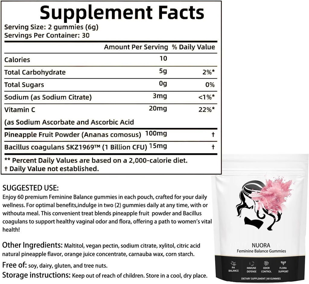 nuora Feminine Balance Gummies, Vegan Hawaiian Pineapple, pH Balance, Healthy Odor, Flora and Immune Support, - FENGGESTORE20