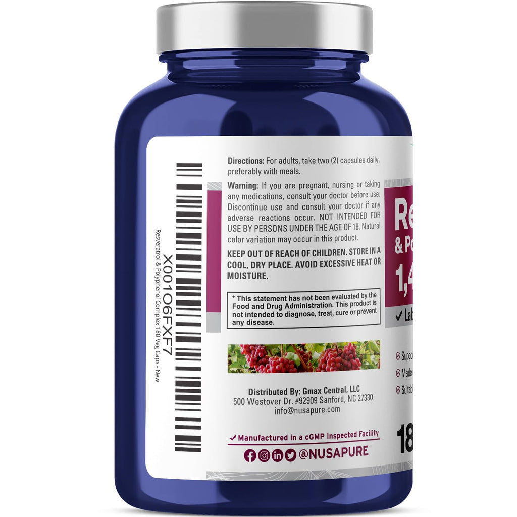 NusaPure Resveratrol & Polyphenol Complex 1450mg 180 Vegetarian Caps (Non-GMO, Vegan) Vitamin C - FENGGESTORE20