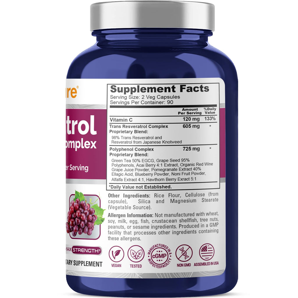 NusaPure Resveratrol & Polyphenol Complex 1450mg 180 Vegetarian Caps (Non-GMO, Vegan) Vitamin C - FENGGESTORE20