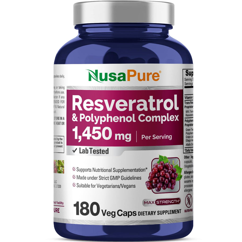 NusaPure Resveratrol & Polyphenol Complex 1450mg 180 Vegetarian Caps (Non-GMO, Vegan) Vitamin C - FENGGESTORE20