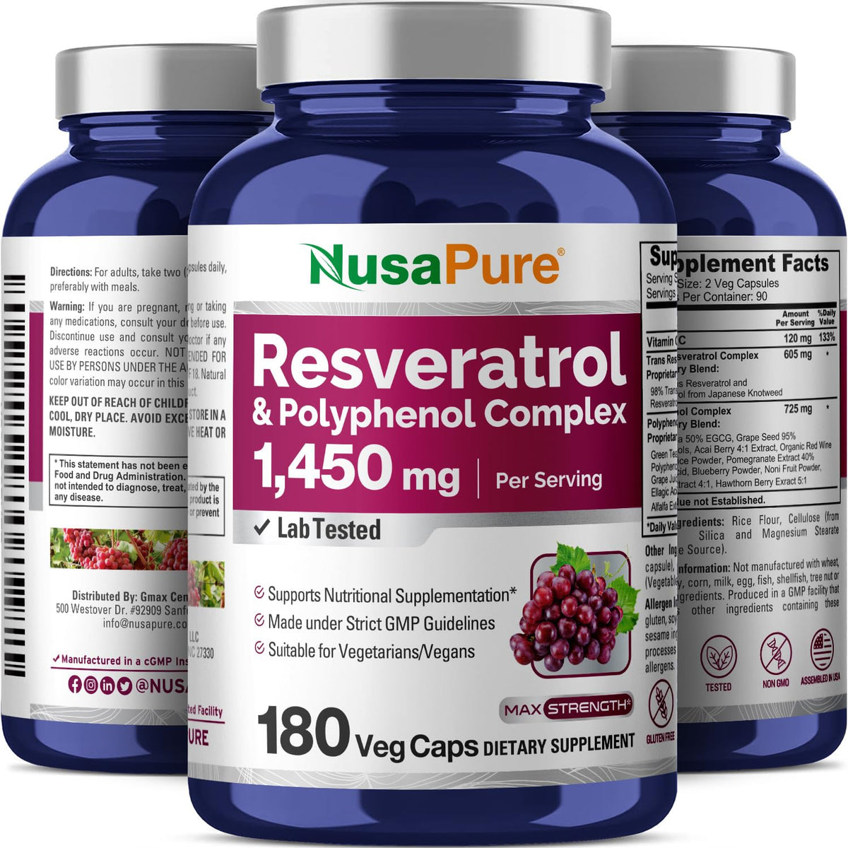 NusaPure Resveratrol & Polyphenol Complex 1450mg 180 Vegetarian Caps (Non-GMO, Vegan) Vitamin C - FENGGESTORE20