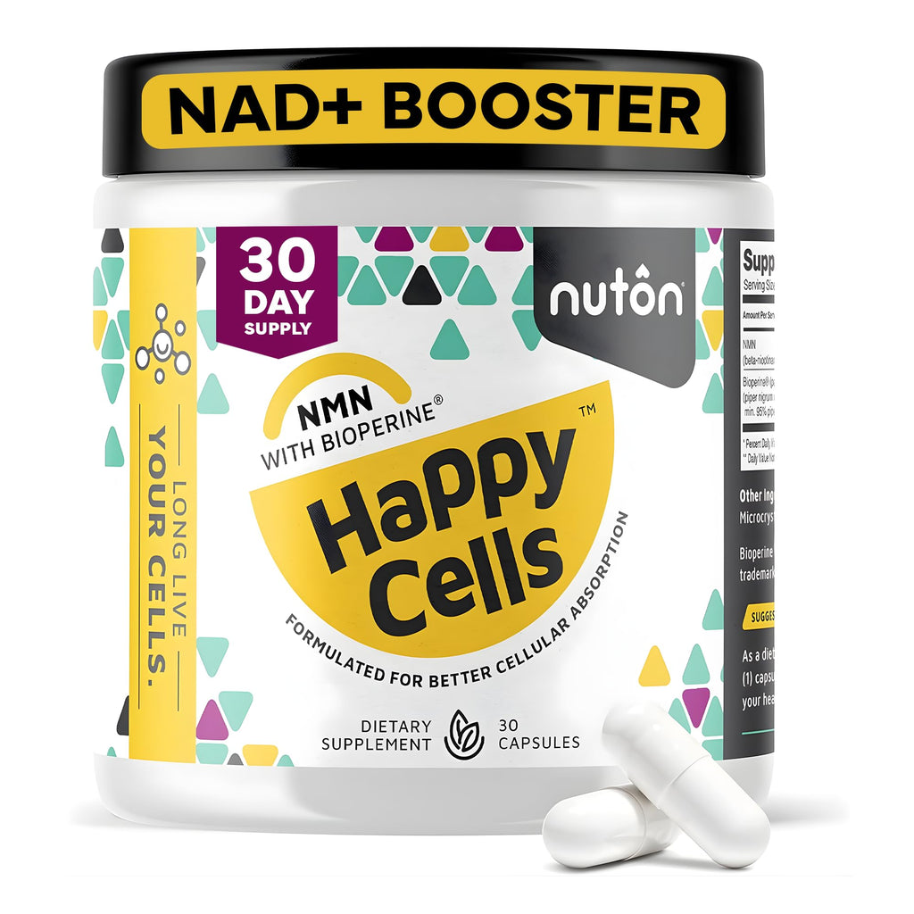 Nuton Happy Cells - NMN Supplement with Bioperine for Healthy Aging & Cellular Repair - NAD+ Supplement - Protects DNA, Promotes Skin Health & Brain Function - FENGGESTORE20