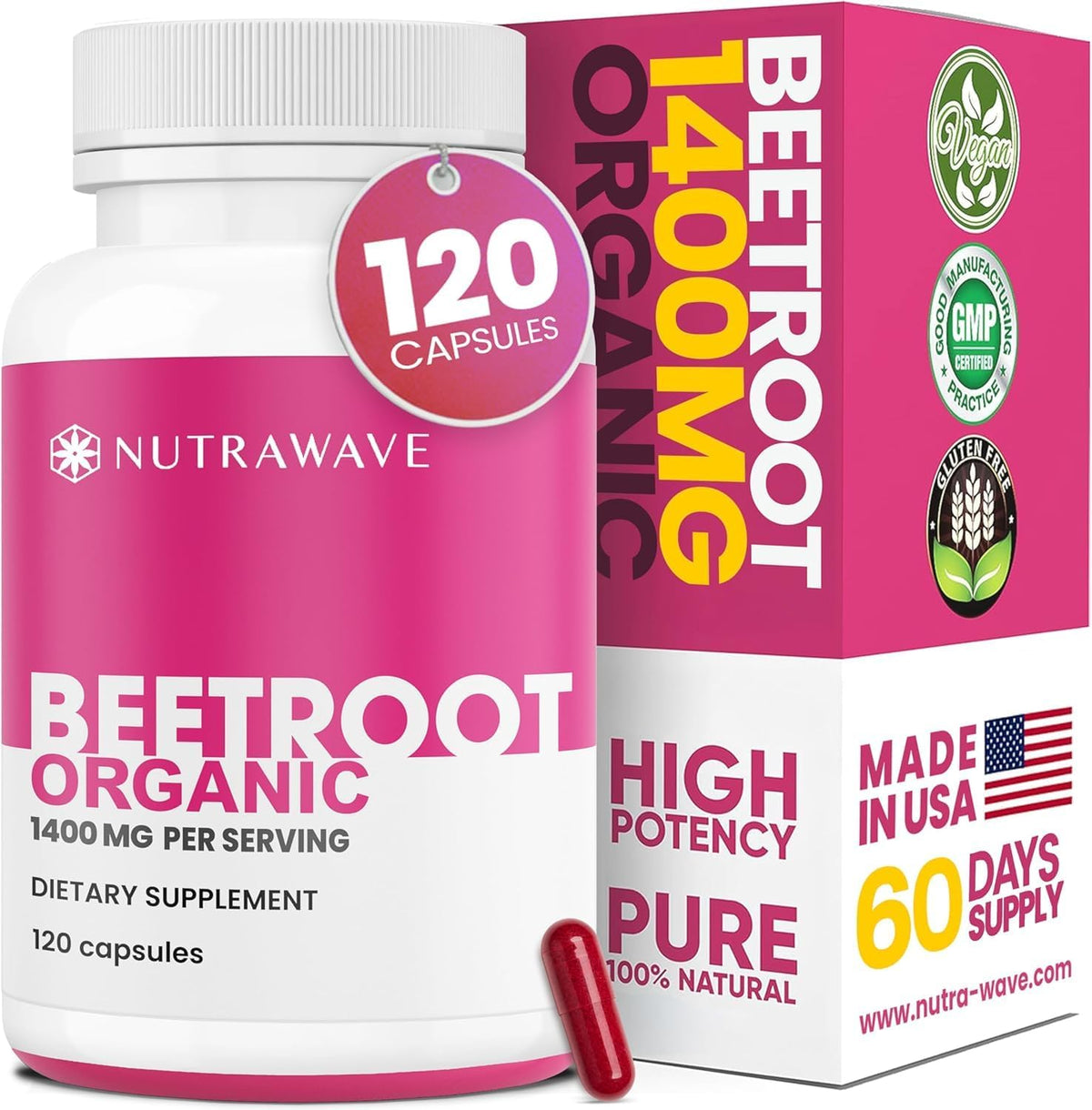 Nutra Wave 1400mg Organic Beet Root Capsules Per Serving – Nitric Oxide Booster for Men – Supports Blood Pressure, Energy, Circulation & Heart Health – Non-GMO, Vegan – 120 Capsules / 60 Day Supply - FENGGESTORE20