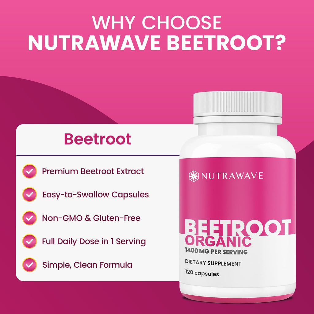 Nutra Wave 1400mg Organic Beet Root Capsules Per Serving – Nitric Oxide Booster for Men – Supports Blood Pressure, Energy, Circulation & Heart Health – Non-GMO, Vegan – 120 Capsules / 60 Day Supply - FENGGESTORE20