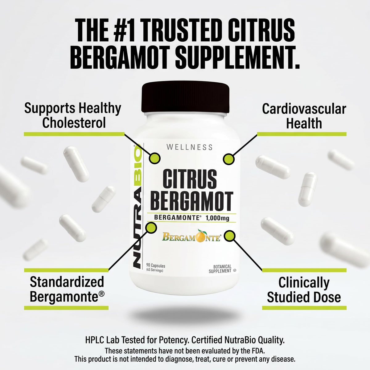 NutraBio Citrus Bergamot Bergamonte Extract Supplement, 1,000mg - May Help Promote Cardiovascular Health and Wellness, 90 Capsules - FENGGESTORE20