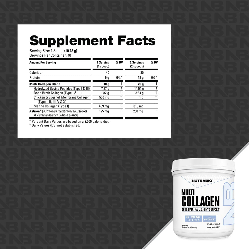 NutraBio Multi Collagen Powder - Hydrolyzed Collagen Peptides for Glowing Hair & Skin - Grass-Fed - Collagen Powder for Women and Men - 40 Servings- Unflavored - FENGGESTORE20