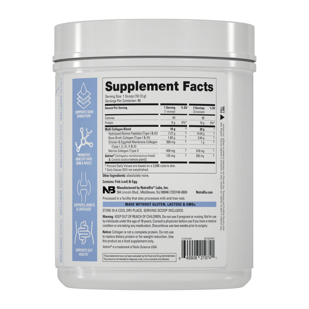 NutraBio Multi Collagen Powder - Hydrolyzed Collagen Peptides for Glowing Hair & Skin - Grass-Fed - Collagen Powder for Women and Men - 40 Servings- Unflavored - FENGGESTORE20