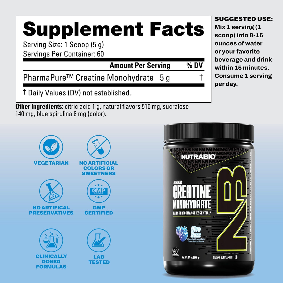 NutraBio Pure Micronized Creatine Monohydrate Powder Supplement, Blue Razz (300 g) - Supports Bulk Muscle Energy, Recovery, and Strength - HPLC Tested Creatine Powder Supplement for Men and Women - FENGGESTORE20