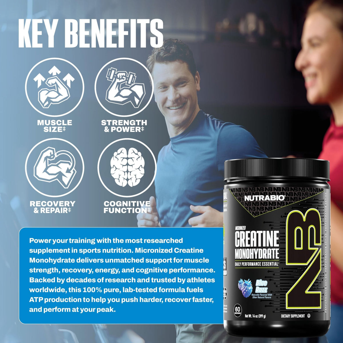 NutraBio Pure Micronized Creatine Monohydrate Powder Supplement, Blue Razz (300 g) - Supports Bulk Muscle Energy, Recovery, and Strength - HPLC Tested Creatine Powder Supplement for Men and Women - FENGGESTORE20