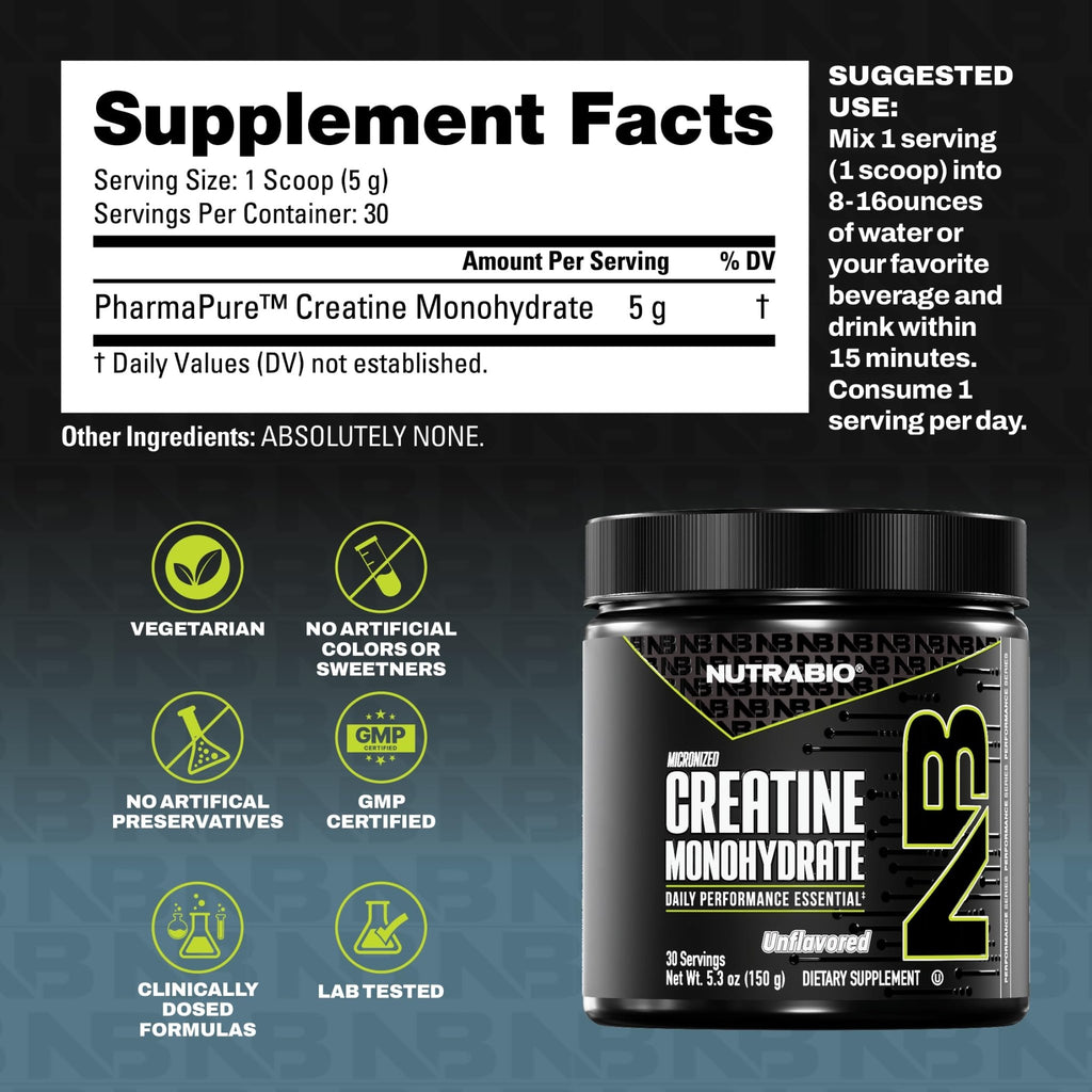 NutraBio Pure Micronized Creatine Monohydrate Powder Supplement, Unflavored, (150 g) - Supports Bulk Muscle Energy, Recovery, and Strength - HPLC Tested Creatine Powder Supplement for Men and Women - FENGGESTORE20