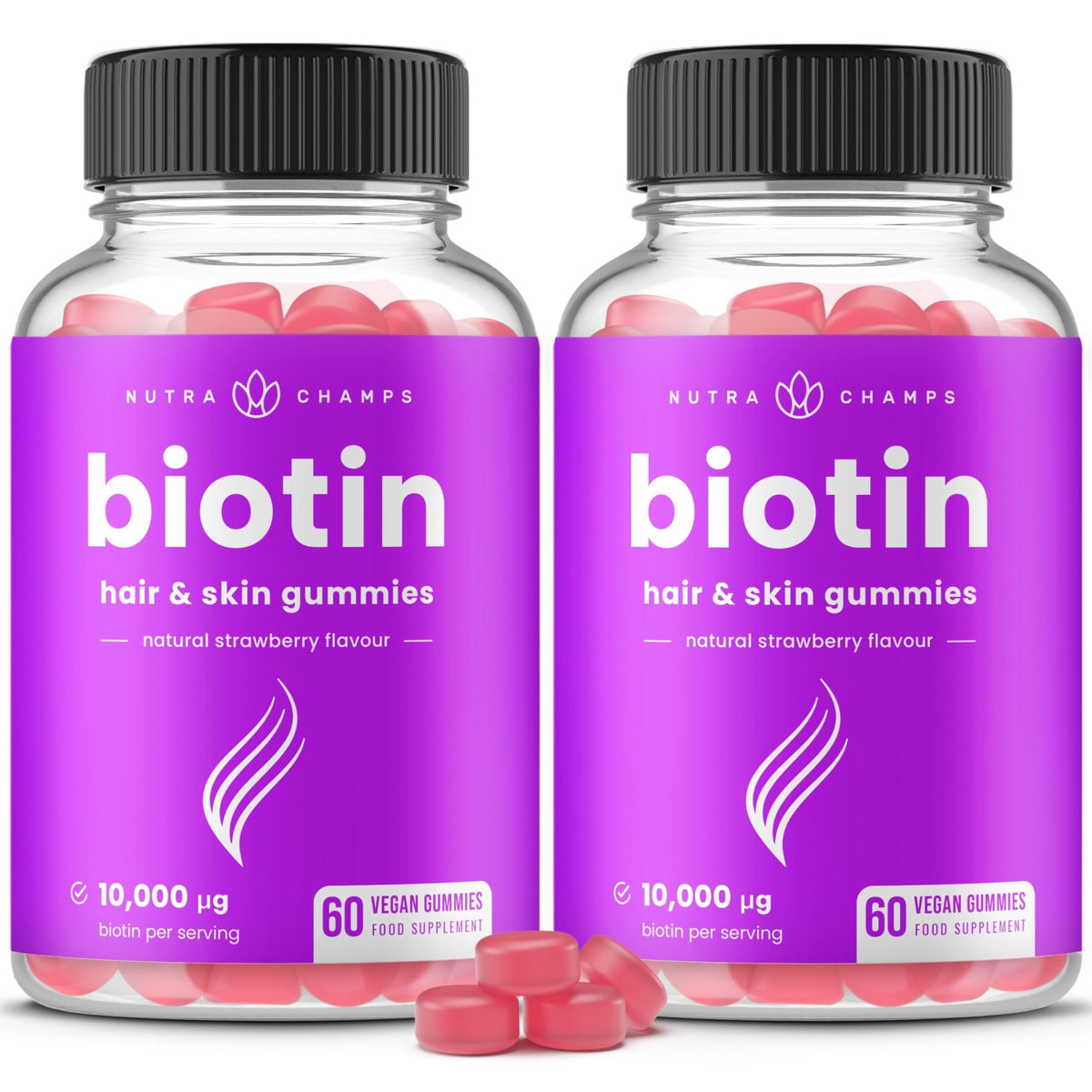 NutraChamps (2 Pack) Biotin Gummies 10,000mcg [High Potency] for Healthy Hair, Skin & Nails for Adults & Kids - 5000mcg in Each Gummy Vitamin - Vegan, Non-GMO - FENGGESTORE20