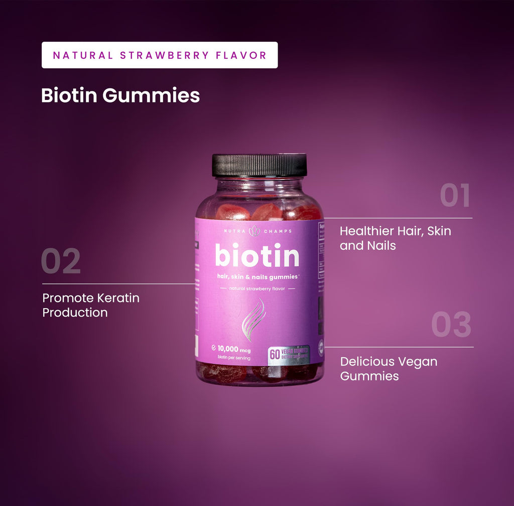 NutraChamps (2 Pack) Biotin Gummies 10,000mcg [High Potency] for Healthy Hair, Skin & Nails for Adults & Kids - 5000mcg in Each Gummy Vitamin - Vegan, Non-GMO - FENGGESTORE20