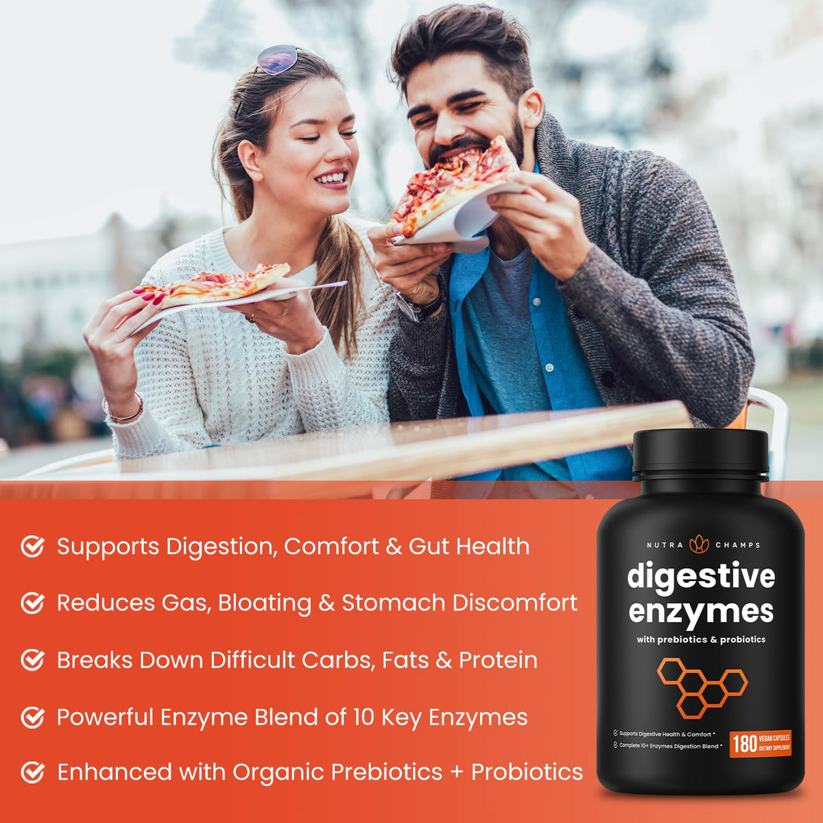 NutraChamps Digestive Enzymes with Probiotics and Prebiotics for Women & Men - 180 Vegan Capsules with Bromelain for Bloating & Optimal Gut Health - FENGGESTORE20