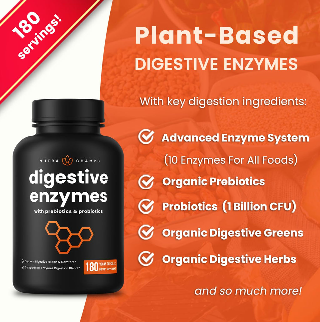 NutraChamps Digestive Enzymes with Probiotics and Prebiotics for Women & Men - 180 Vegan Capsules with Bromelain for Bloating & Optimal Gut Health - FENGGESTORE20