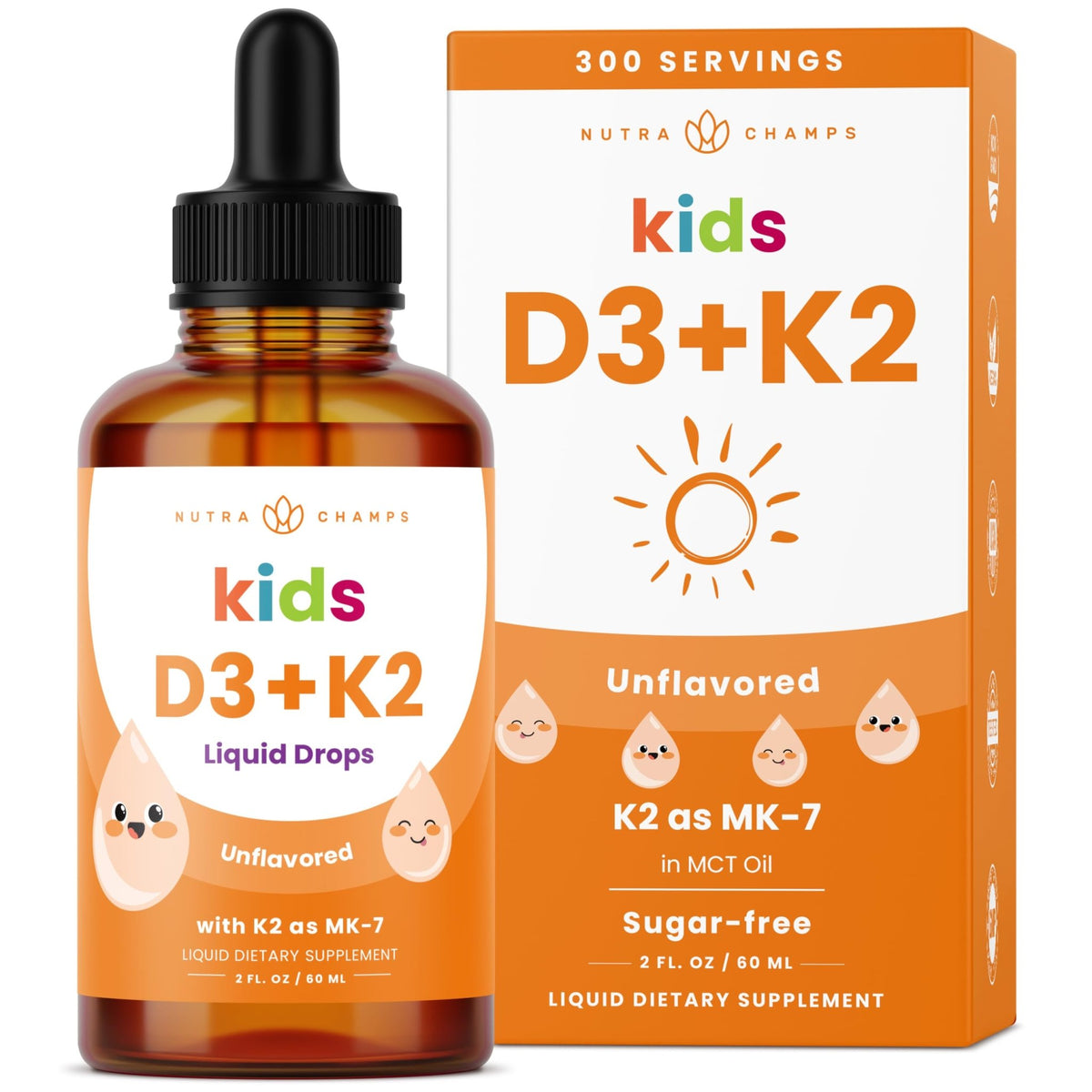 NutraChamps Kids Vitamin D 3 K2 Drops, Vitamin D3 & K2 MK-7, Liquid Vitamin D for Kids 1000 IU, Healthy Bones, Heart & Immune System, - FENGGESTORE20