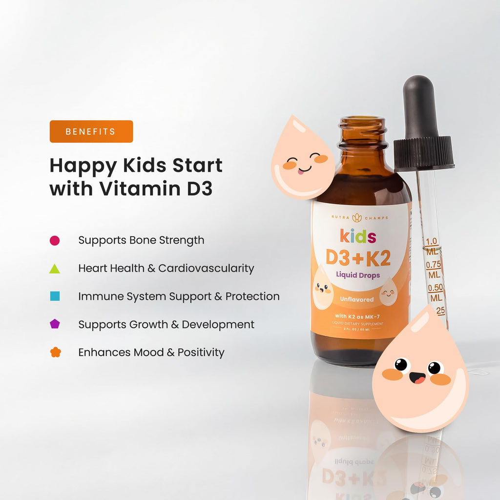 NutraChamps Kids Vitamin D 3 K2 Drops, Vitamin D3 & K2 MK-7, Liquid Vitamin D for Kids 1000 IU, Healthy Bones, Heart & Immune System, - FENGGESTORE20