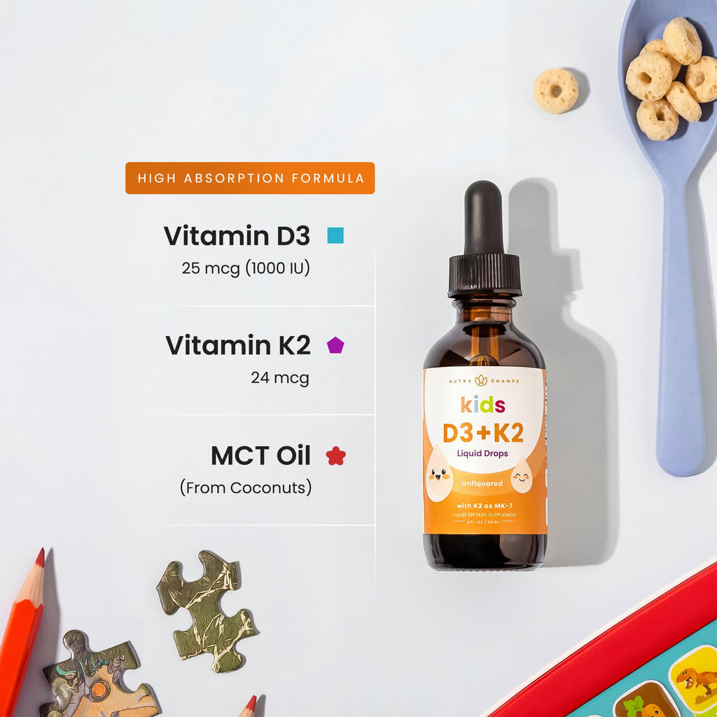 NutraChamps Kids Vitamin D 3 K2 Drops, Vitamin D3 & K2 MK-7, Liquid Vitamin D for Kids 1000 IU, Healthy Bones, Heart & Immune System, - FENGGESTORE20