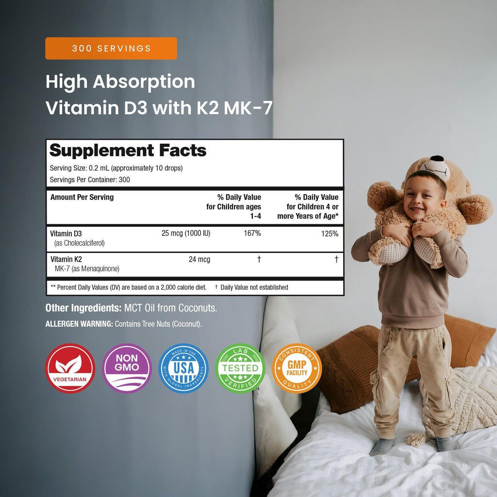 NutraChamps Kids Vitamin D 3 K2 Drops, Vitamin D3 & K2 MK-7, Liquid Vitamin D for Kids 1000 IU, Healthy Bones, Heart & Immune System, - FENGGESTORE20